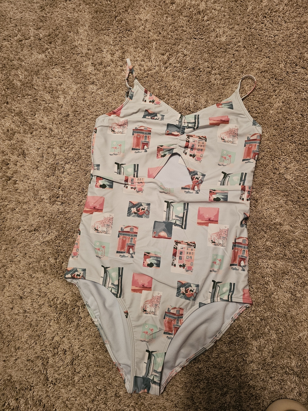 abercrombie kids light blue one-piece swimsuit with coral and navy accents